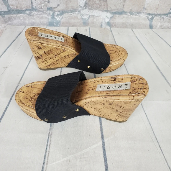 Esprit Platform Wedge Slides Cork Sole Size 38/39 Black Stretch Band - Picture 14 of 15